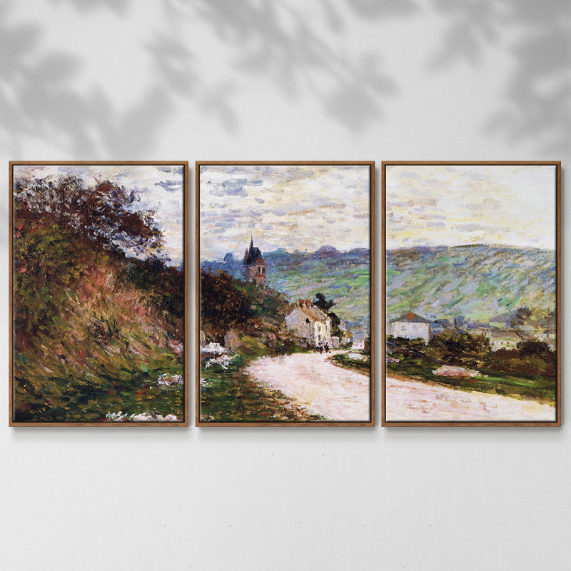 The Road At Vetheuil, 1878, reproduction d'art sur toile 3 pièces, Cadre noyer
