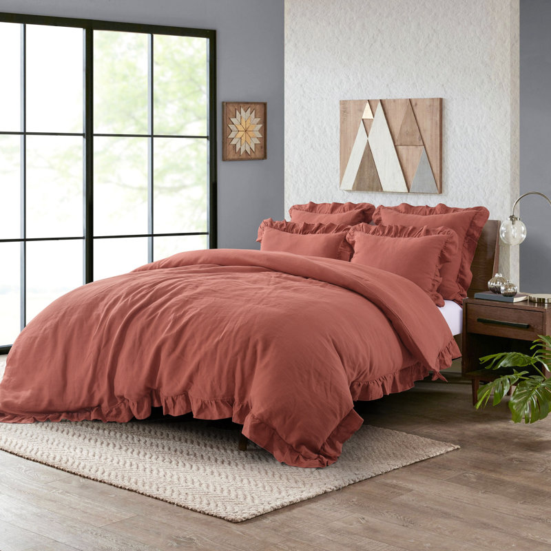 Linen Blend Farmhouse Duvet Cover Set, Queen Duvet Cover + 2 King Shams, Cayenne