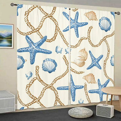 2 pièces de rideaux à motif de corde en forme d'étoile de mer, tissu à thème bord de mer, design rétro bord de mer, protection de la vie privée, passe-tringle pour salon, chambre à coucher, balcon, décoration intérieure
