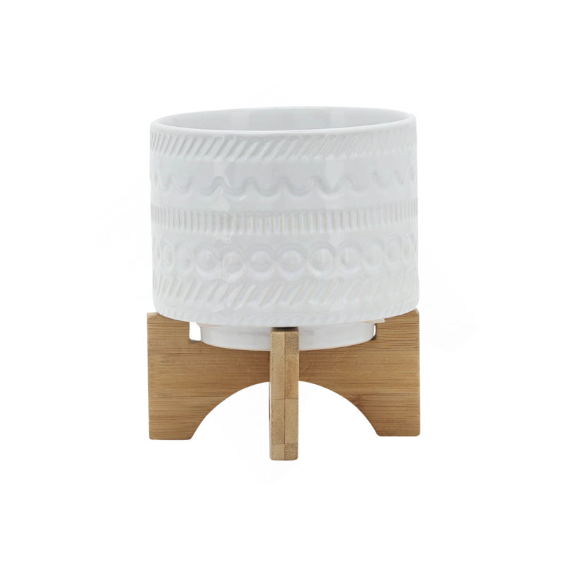 5" TRIBAL PLANTER W/ WOOD STAND, WHITE