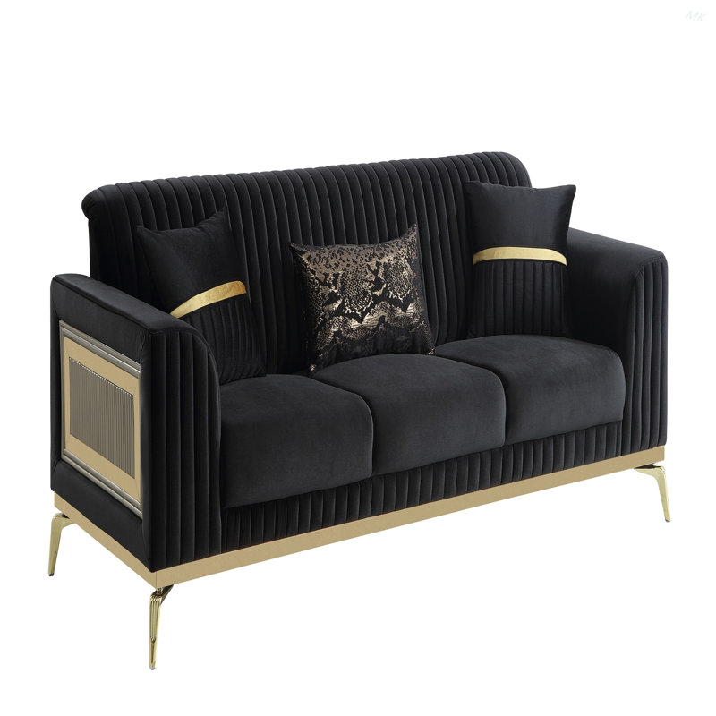 Canapé rembourré de style contemporain en bois avec accents dorés et noir