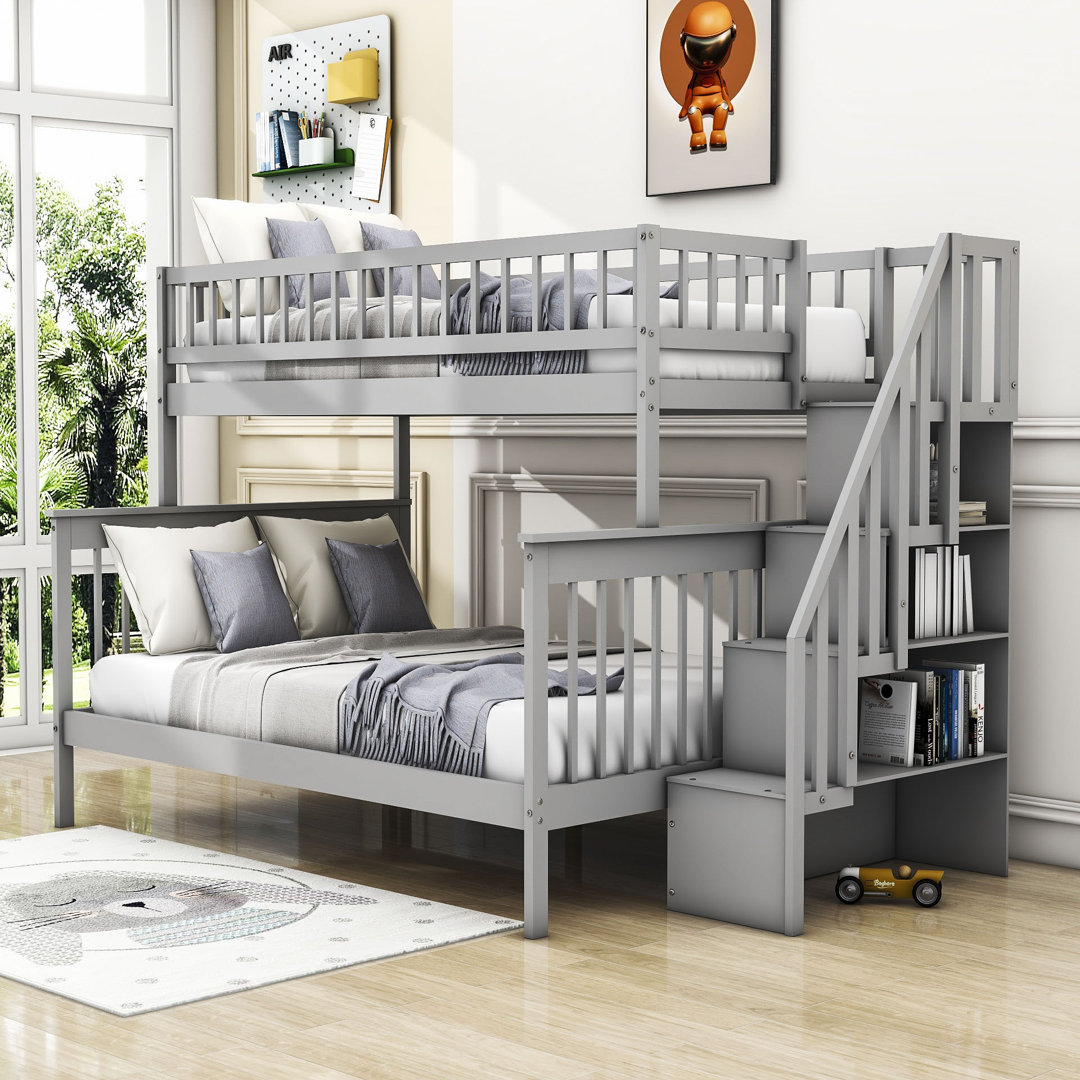 Twin-Over-Full Wood Bunk Bed With Stairway And Storage YUNMA Bed Frame