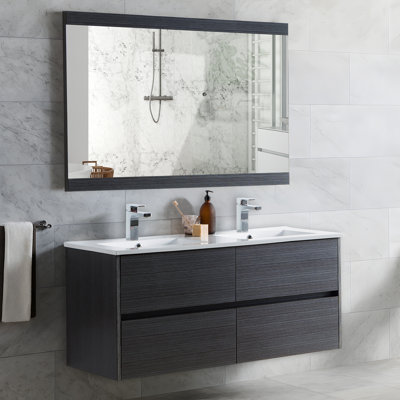 48" Wall-Mounted Double Sink Bathroom Vanity Set with Mirror – All-Wood Cabinet, Ceramic Top, Soft-Close Drawers