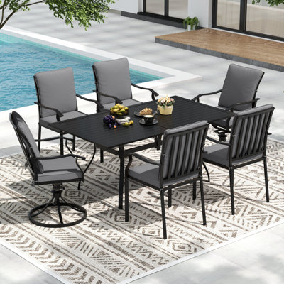 Hoopeston Outdoor Patio Dining Set – Furniture For Patio, Balcony, Backyard, Garden, Lawn (1 Rectangular Table+6 Swivel Dining Chairs With Gray Cushion)