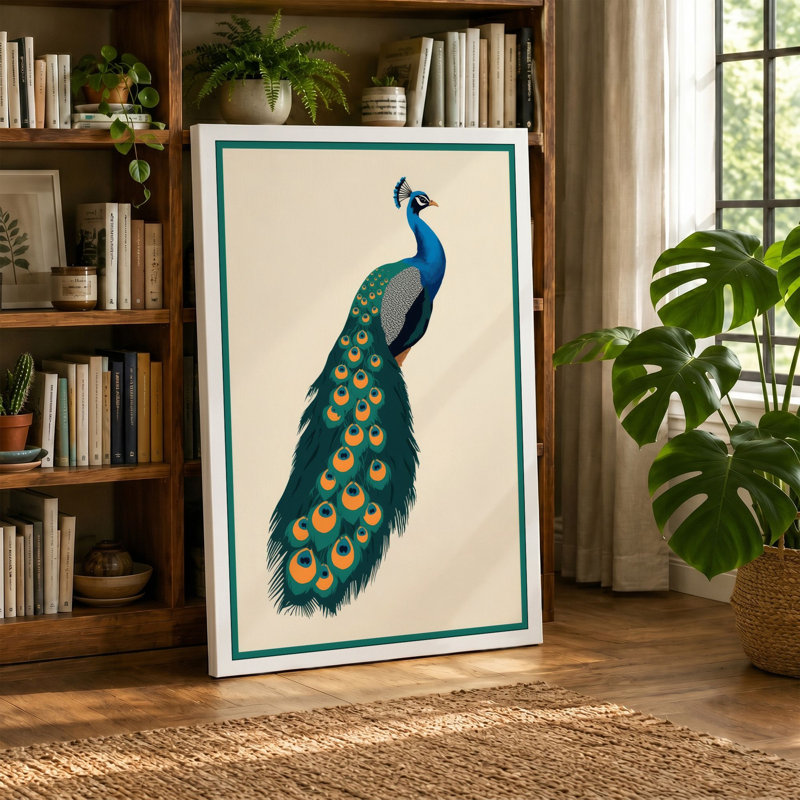 Peacock Profile Botanical 1 Piece Wrapped Canvas Wall Art, 24x16 - 61.0 x 40.6 cm, Teal Border