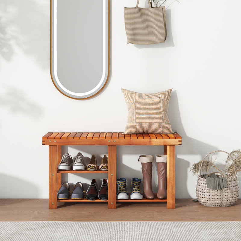Acacia Wood Shoe Rack Bench 3-Tier Shoe Organizer 87X28x45cm-Teak
