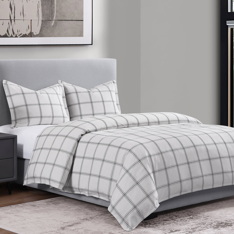 Super Queen White Cotton Windowpane Plaid Duvet Cover Set