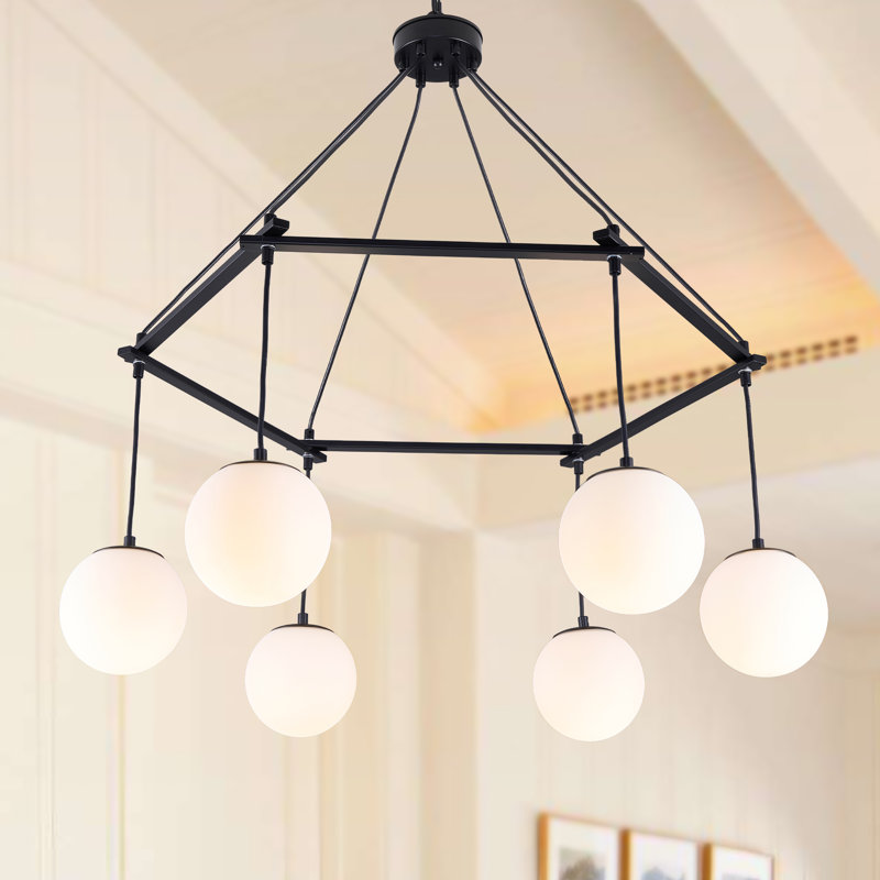 Nedek 6-Light Modern Round Pendant Glass Chandelier With Geometric Frame, Matte Black