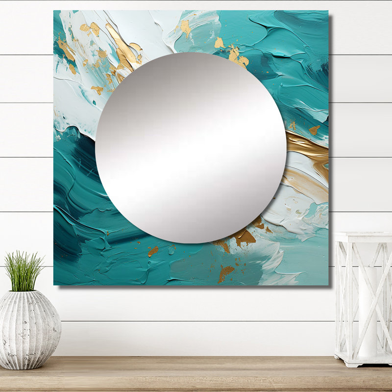 Morning Glory peinture or sur fond sarcelle - miroir mural Mid-Century moderne pour chambre à coucher, 23 po x 23 po
