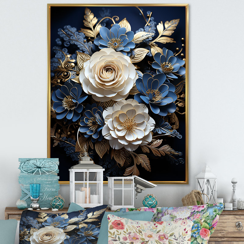 "Blue and White Roses Moonlight Grace IV", reproduction d'art sur toile, Cadre flottant doré, H 44 po x l 34 po x P 1,5 po