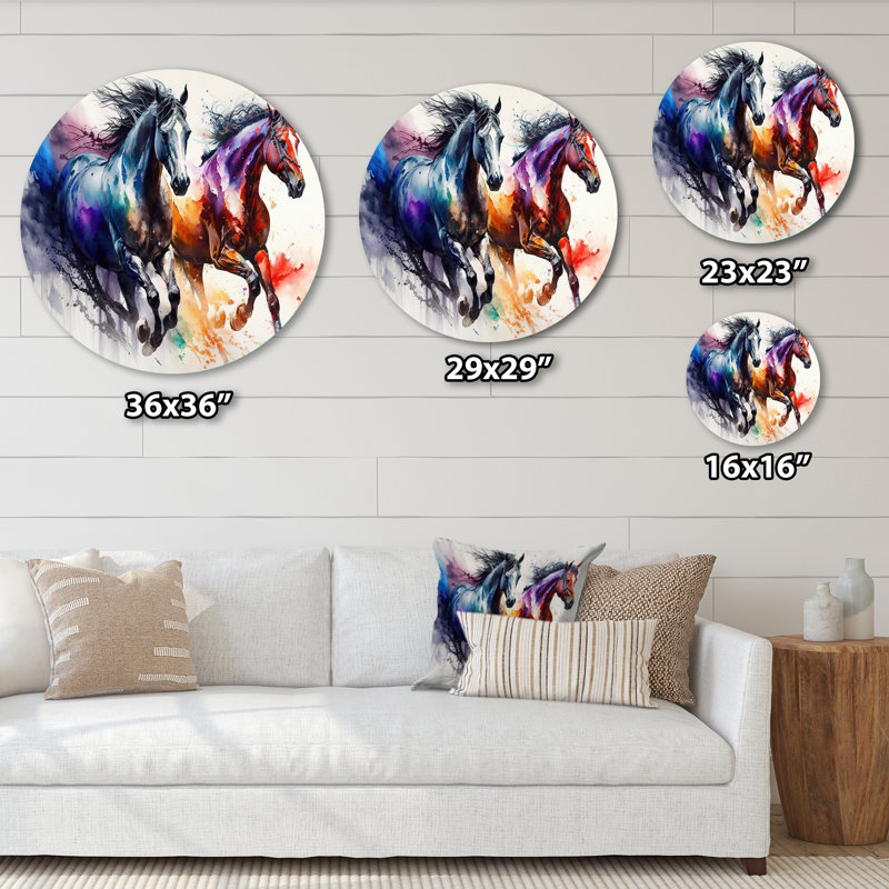 Chevaux qui courent II - animaux, art en métal rond, H 29 po x l 29 po