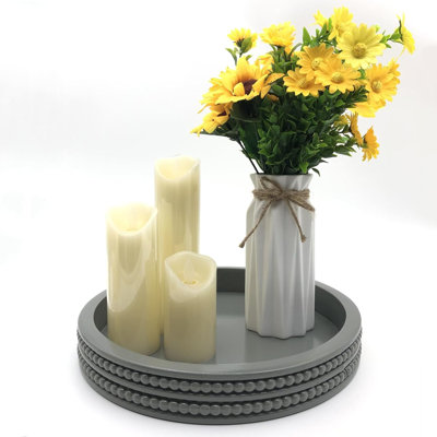 Gray Fir Wood Round Decorative Tray with Beaded Trim for Vanity & Coffee Table