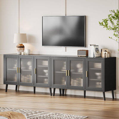 Ensemble de 2 buffets contemporains noirs de 48 po avec portes en verre nervuré, crédence de rangement pour la salle à manger et la cuisine