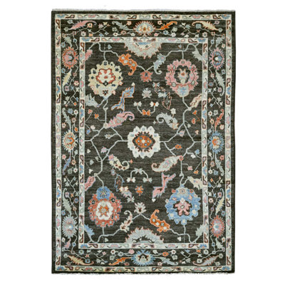 Tapis oriental gris anthracite 6 pi 1 po x 8 pi 10 po Oushak angora avec motif de feuilles partout, noué à la main 100% laine, teinture végétale