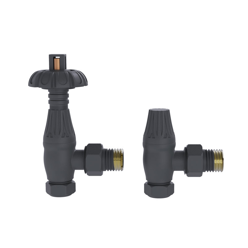 Traditional Thermostatic TRV Antique Design Angled Radiator Rad Valves Pair Antique Brass, Anthracite