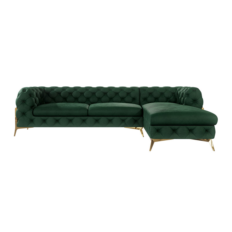 Corner Chaise Chesterfield Sofa  with Gold Metal Legs, Bottle Green, Right Hand Facing