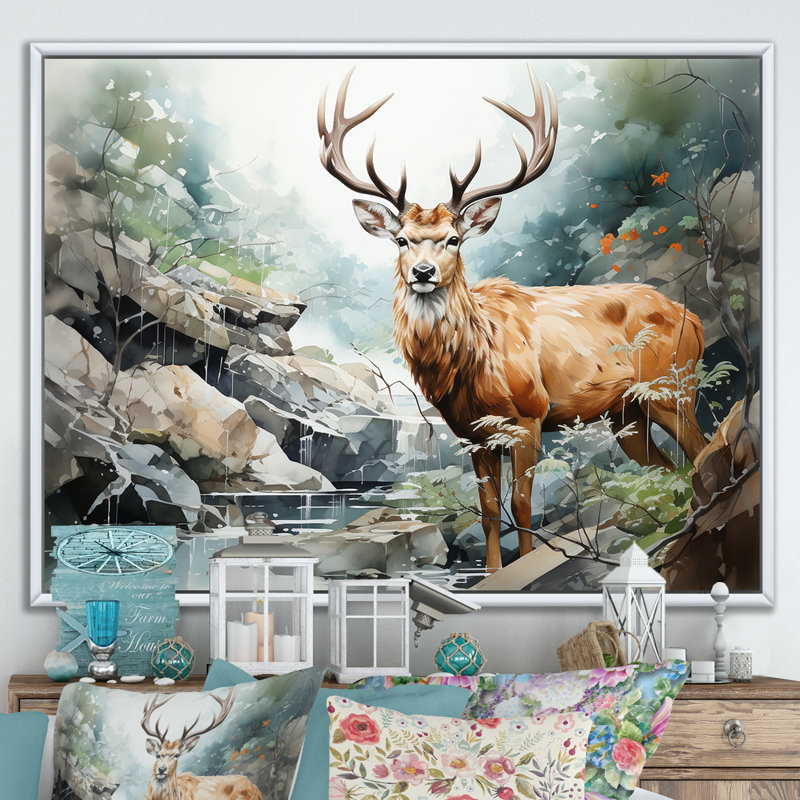 Paysage de cerfs minimalisme sur toile, H 34 po x l 44 po x P 1,5 po, Cadre flottant blanc
