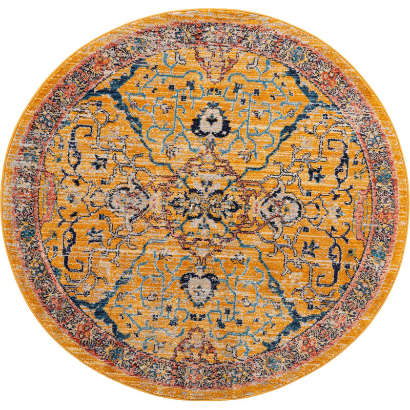 Tapis jaune / bleu / rouge Indigo, Rond 7 pi