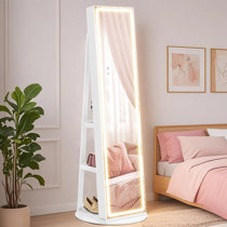 LED Mirror Jewelry Cabinet Standing Jewelry Armoire Organizer Box With Full-Length Mirror And Adjustable LED Lights Ink Black