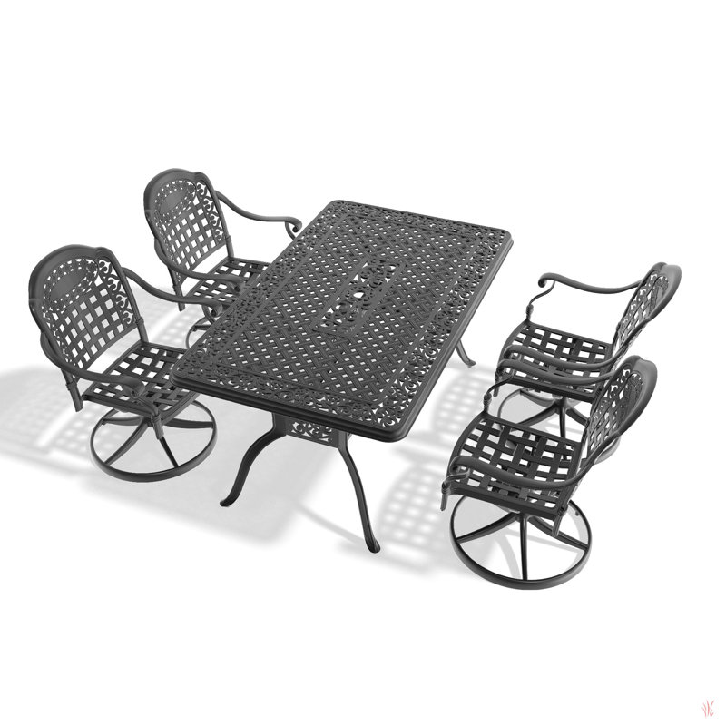 Cet ensemble de salle à manger en fonte d'aluminium toutes saisons comprend des chaises pivotantes et une table ronde avec cadre noir