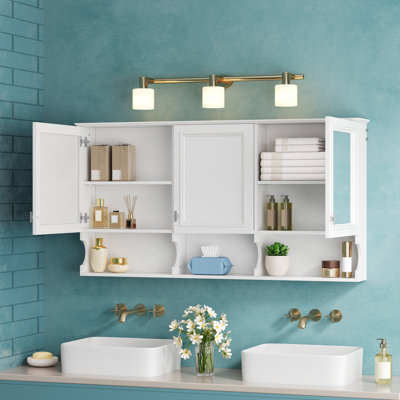 Armoire de salle de bain murale à miroir avec tablettes ouvertes, tablette réglable et rangement caché