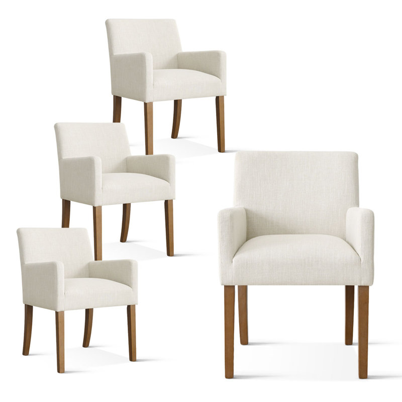 Set of 4 Upholstered Solid Wood 20.5'' Seat Height Linen Dining Armhair, Cream