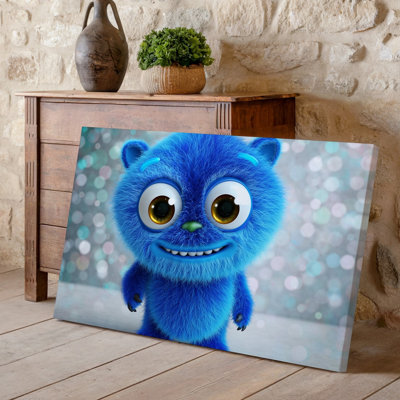 Reproduction d'art sur toile, "Une jolie créature duveteuse bleue avec des yeux ronds surdimensionnés et un art mural"