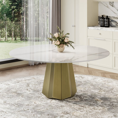 59.08'' Round Dining Table with Sintered Stone Tabletop , Large Kitchen Table with Polygonal Carbon Steel Base