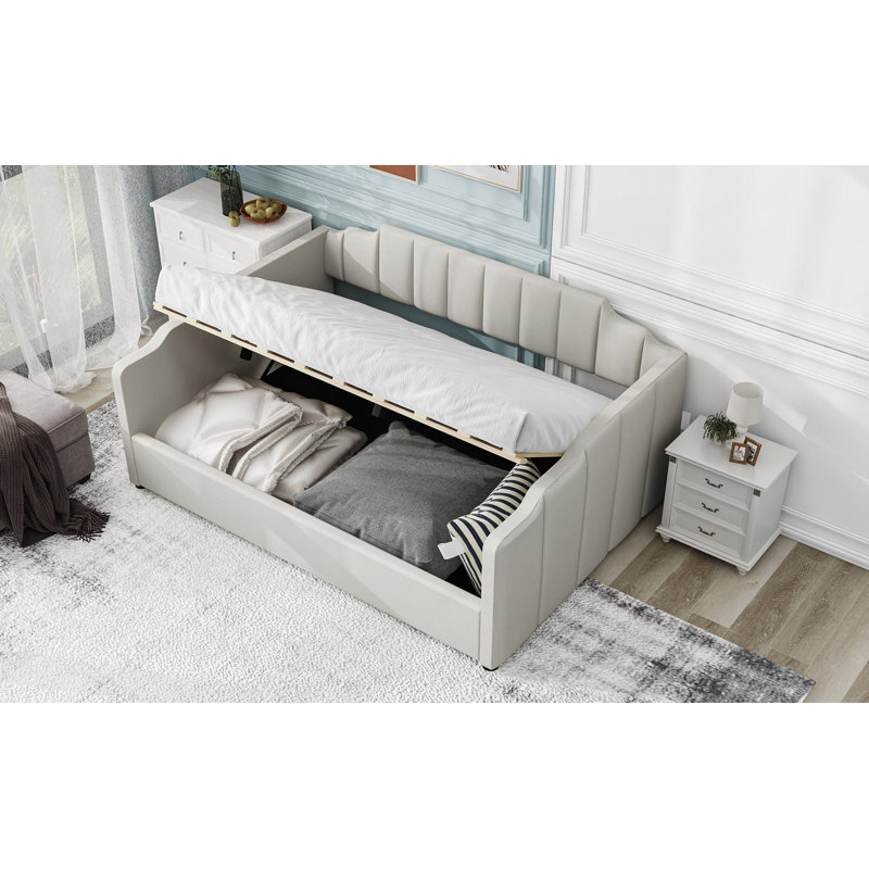 Lit de jour rembourré avec rangement inférieur, Beige