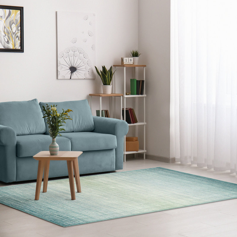 Tapis vert / blanc en laine tissé à la main Aleksejus, Rectangle 5 pi x 7 pi 6 po