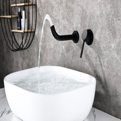 Wall Mounted Tap For Bathroom, Matte Black, Brass Build, 2 Holes Single Handle With 360-Degree Rotation And Low Maintenance Requirements Bathroom Mount Tap, Solid Brass, 7.6-Inch Spout Reach
