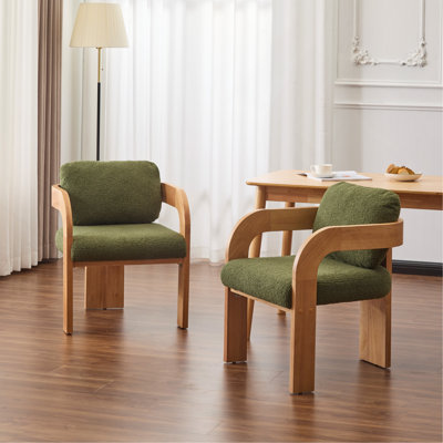 Ensemble de 2 chaises de salle à manger avec dossier coussiné, tissu bouclé vert, structure en bois massif de couleur naturelle