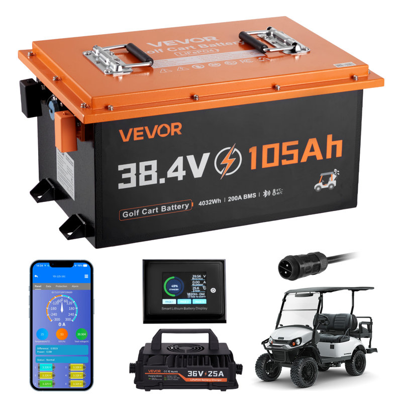 Batterie 36V (38,4V) 105AH au chariot de golf au Lithium, avec chargeur 25A, batterie Lifepo4, BMS 200A intégré, avec Bluetooth et écran tactile, 4000 cycles, boîtier en métal, pour voiturettes de golf, moteurs à la traîne
