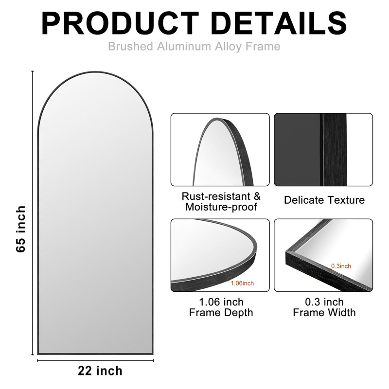 Arched Full Length Mirror with Stand, Aluminum Alloy Frame Floor Full Body Mirror, 65" x 22", Black