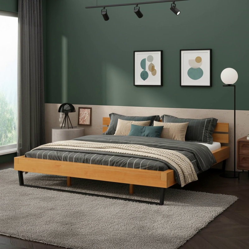Élégante base de lit en bois de pin avec accents naturels et noirs, durable et facile à assembler