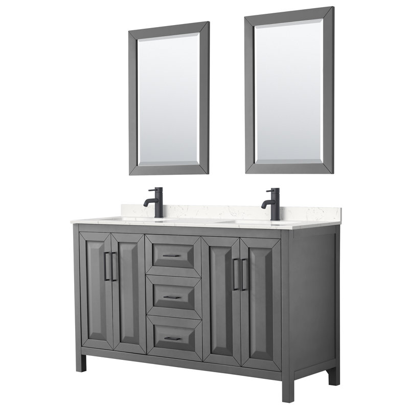 Daria 60'' W Double Vanity, White Cultured Marble, Dark Gray, Matte Black