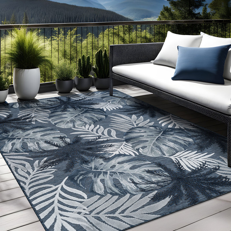 Floral Indoor Outdoor Rug, Navy, Rectangle 8' x 10'