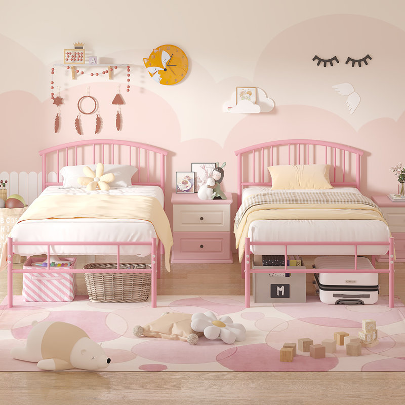 Abere Pink Twin Metal Bed Frame (Set of 2), Sturdy Platform with Headboard, Underbed Storage, Easy Assembly, Pink