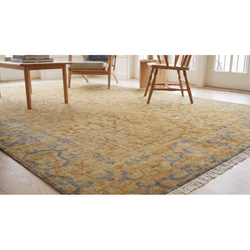 Tapis jaune à motif géométrique moderne en laine noué à la main jaune, 8 pi x 10 pi