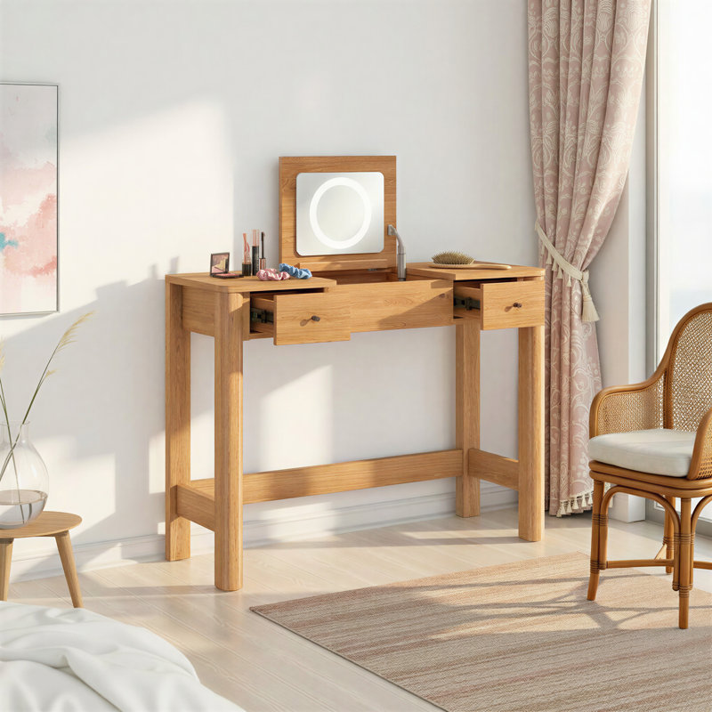Chueyee Vanity with LED Light and Drawer Storage, English Oak