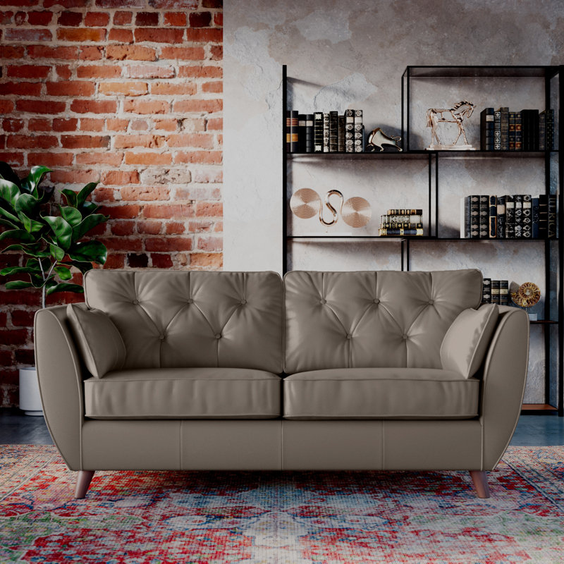 Marylin 3 Seater Leather Sofa, Stone Grey, Dark Wood