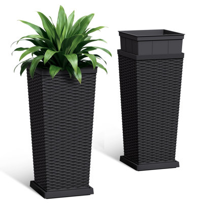 24/32 in. Imitation-Wicker Plastic Tall Planter Pot with Drainage Hole & Tray