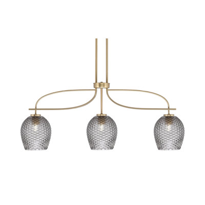 Cavella 3 Light Island Light Shown In New Age Brass Finish With 7.5" Smoke Textured Glass