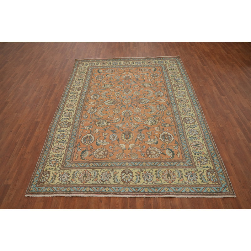 Tapis traditionnel orange en laine à motif floral 7 x 10