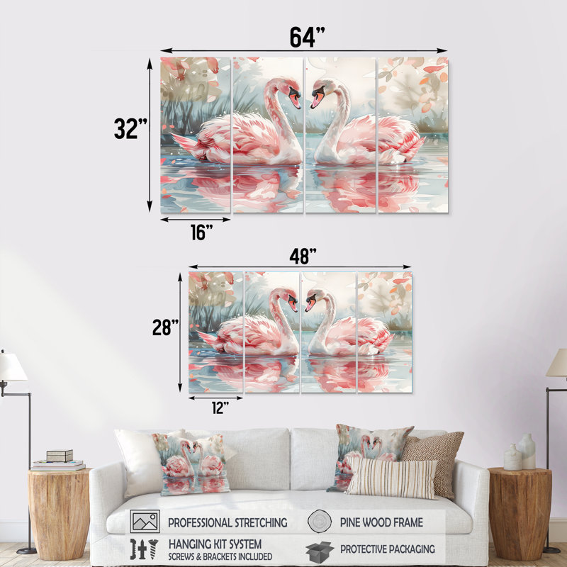 Rose, blanc, cygne, étang, romance II, H 28 po x l 48 po