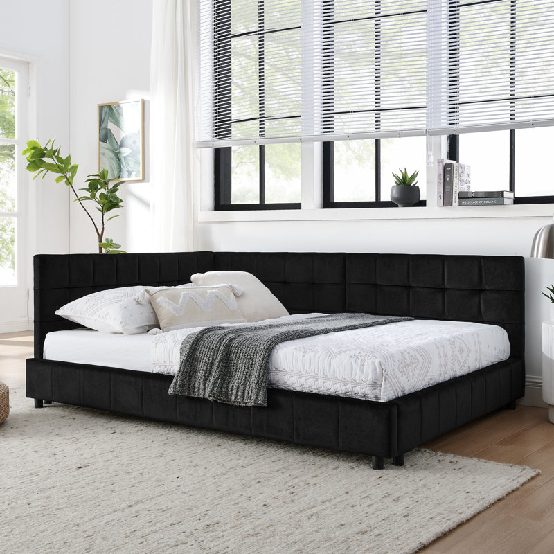 Lit double rembourré en velours avec revêtement relaxant idéal pour la chambre à coucher et le salon recouvert de noir