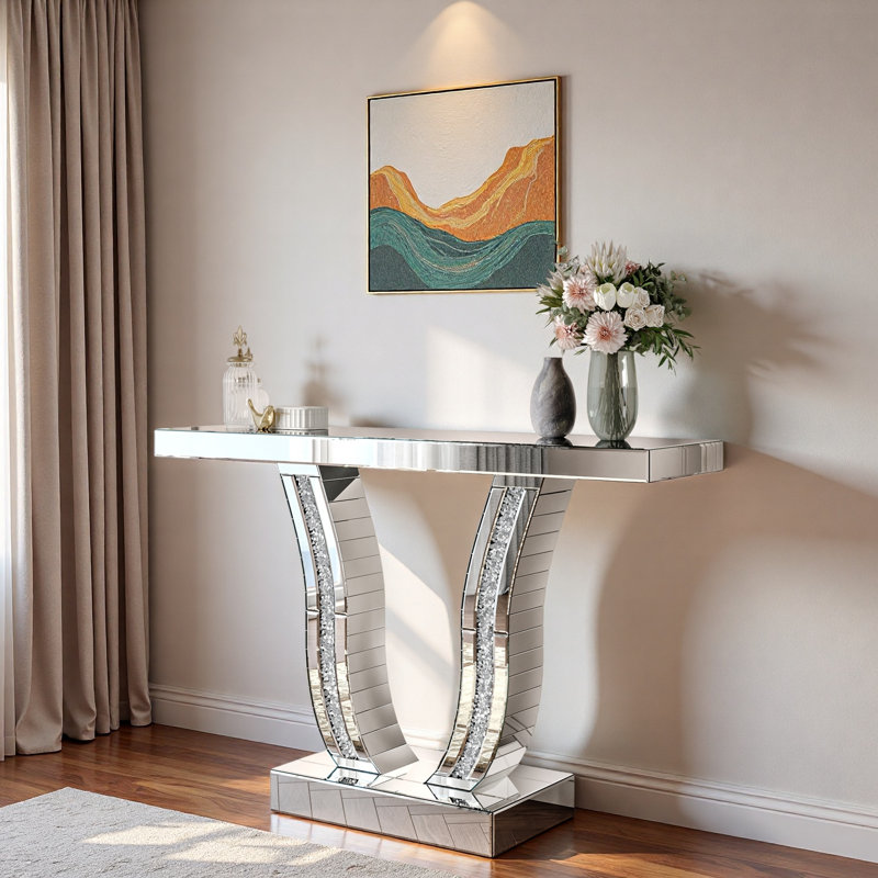 Silver Mirrored Console Table With Curved Legs And Inlaid Crystal-like Stones