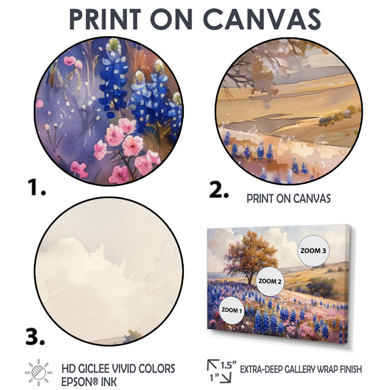 Bleu, bleu, fleurs sauvages, bleu, Bonnets, rêves I - Blue Bonnets, art mural, salon, H 40 po x l 60 po, Toile tendue