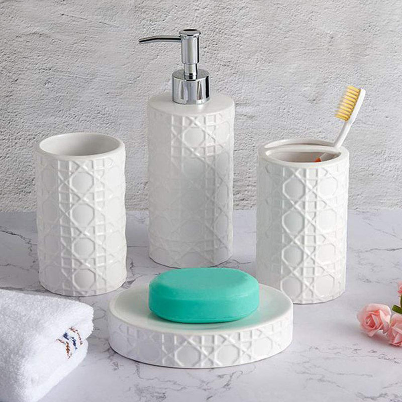 Bathroom Accessories Set Ceramic 4 Pieces Bathroom Ensemble For Bath Decor Includes Lotion Dispenser Toothbrush Holder Tumbler Soap Dish (white Netting)