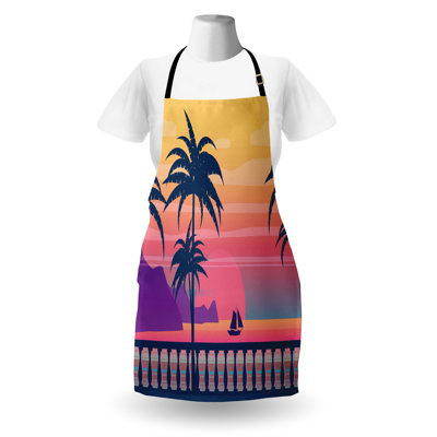 Bungalow Rose Palms Apron Unisex Ombre Line Sunset Sea Scenery Adult Size Mustard Coral Violet